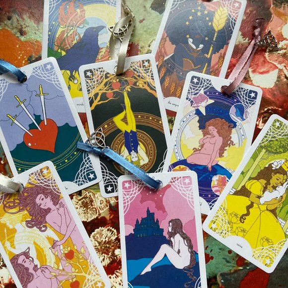 3 Randomly Selected Tarot Card Bookmarks Handmade w/ Ribbon & Celtic Knot Charm - Picture 1 of 5